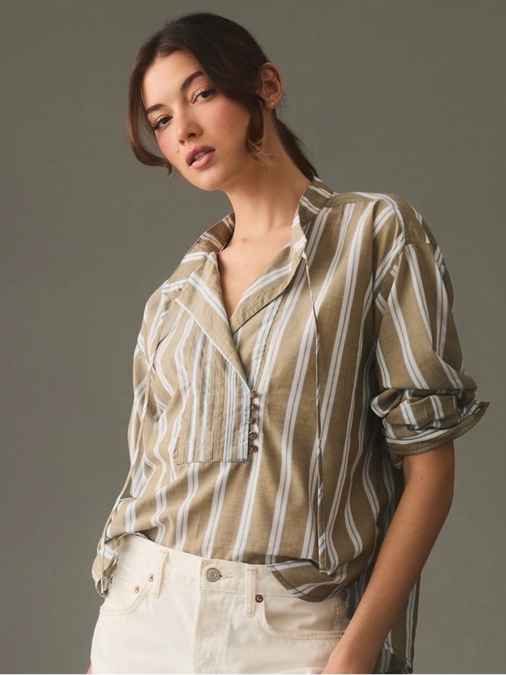Pilcro by Anthropologie Long Sleeve Striped Popover Shirt Womens Size L Green